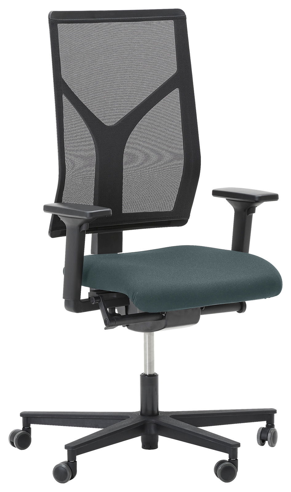 Moderner Drehstuhl mit Netzrückenlehne und gepolstertem Sitz, seitliche Ansicht