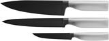 Dreiteiliges Messerset Ultimate Black mit schwarzer Klinge und silbernem Griff, seitliche Ansicht.