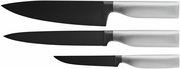 Dreiteiliges Messerset Ultimate Black mit schwarzer Klinge und silbernem Griff, seitliche Ansicht.