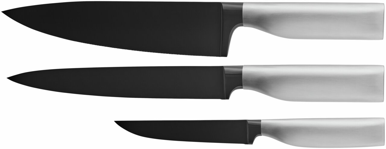WMF Messerset 3-tlg. ULTIMATE BLACK Dreiteiliges Messerset Ultimate Black mit schwarzer Klinge und silbernem Griff, seitliche Ansicht.