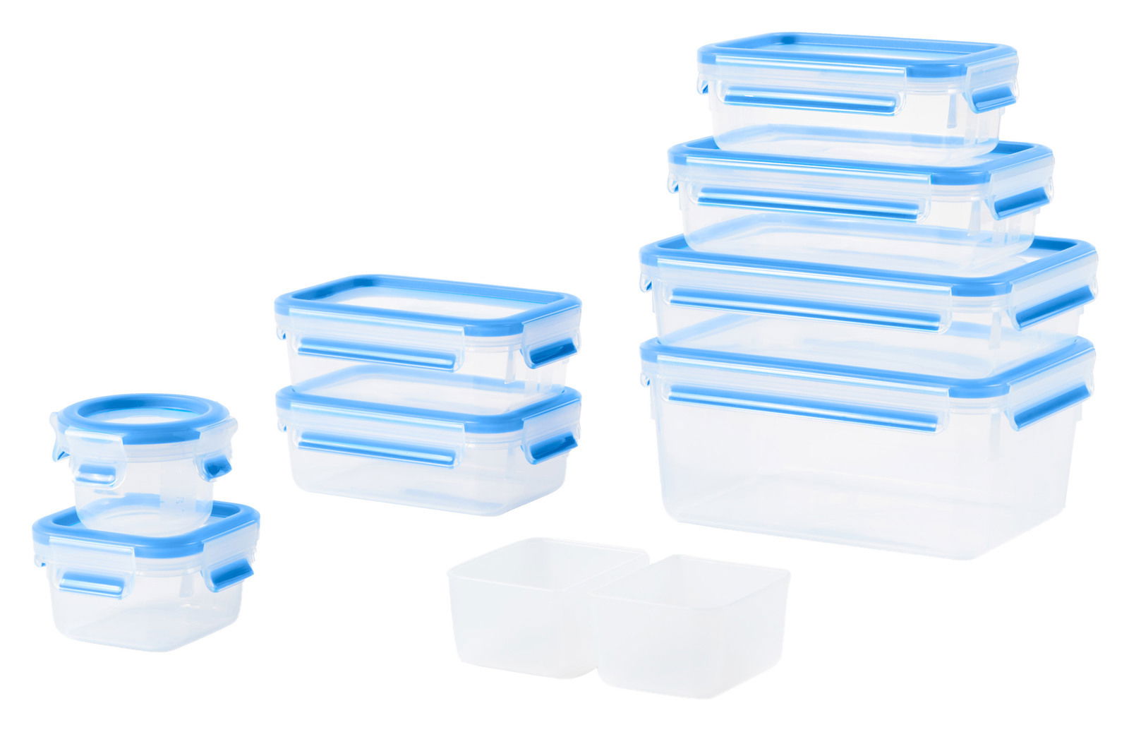 Frontalansicht eines 9-teiligen Frischhaltedosen-Sets mit blauen Deckeln in verschiedenen Größen.