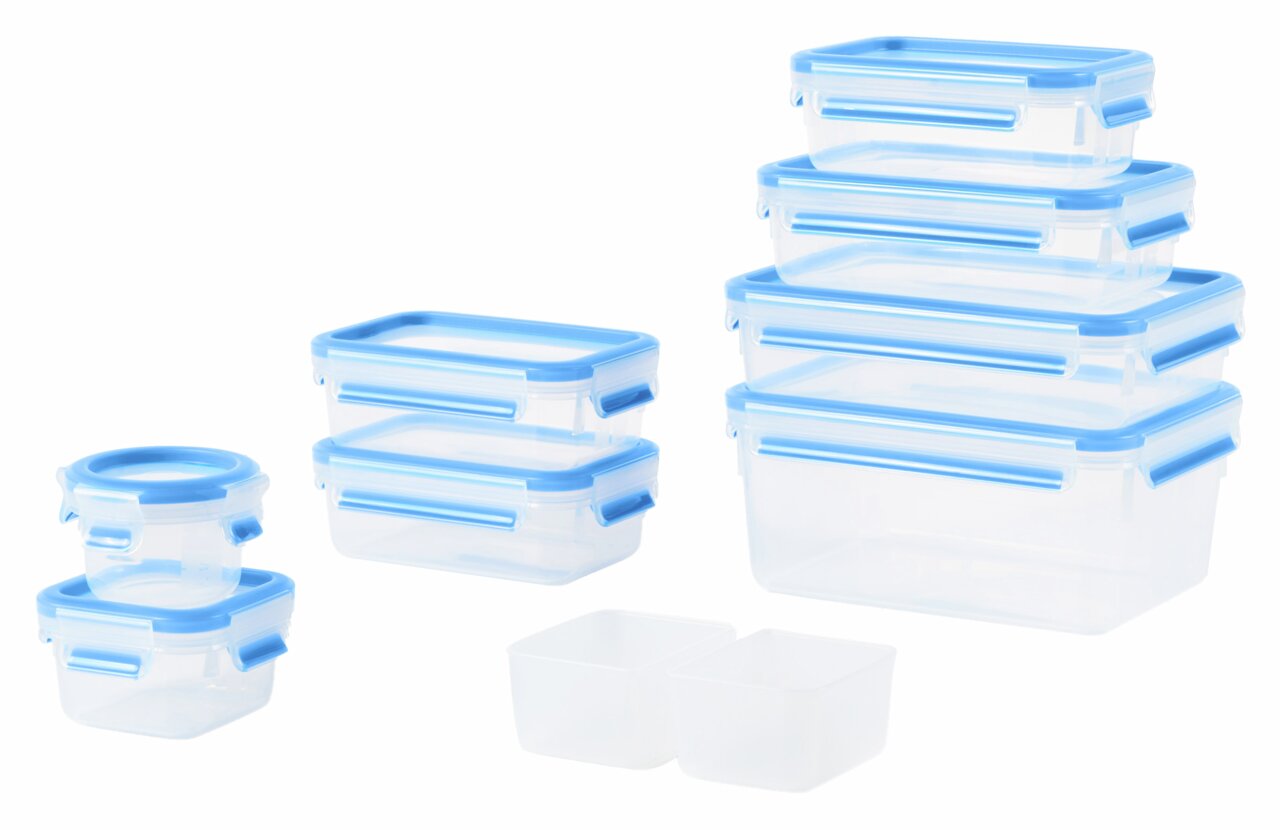 Frontalansicht eines 9-teiligen Frischhaltedosen-Sets mit blauen Deckeln in verschiedenen Größen.