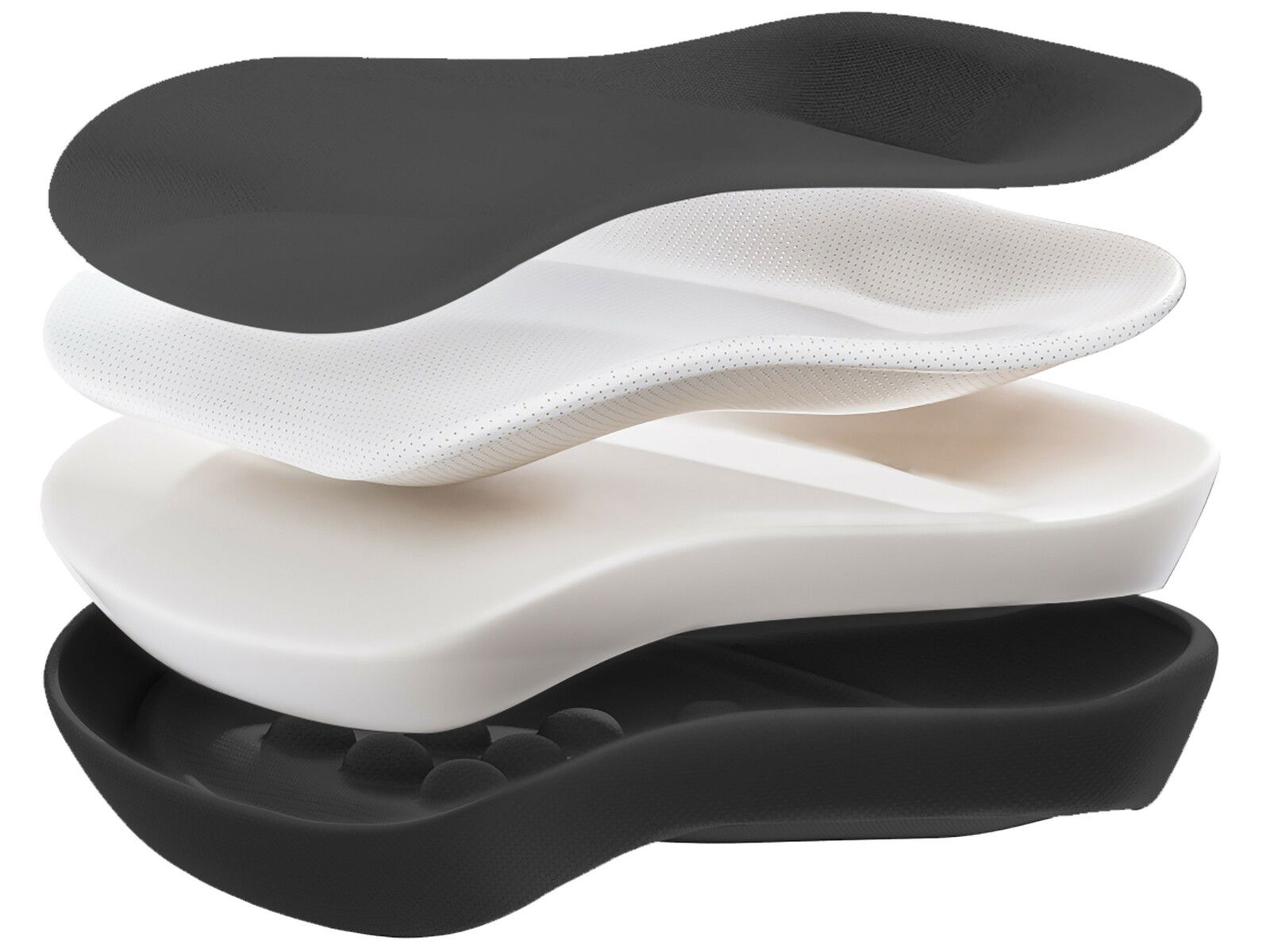 Explosionsansicht eines ergonomischen Sitzkissens in verschiedenen Schichten und Farben, seitliche Perspektive