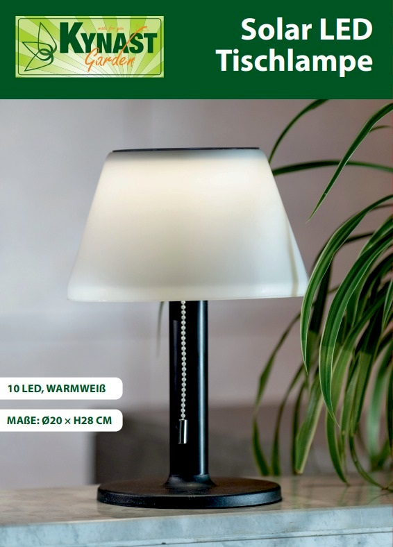 Solar Tischleuchte mit schwarzem Sockel und weißem Lampenschirm, seitliche Perspektive