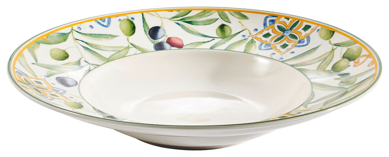 Pastateller mit buntem Oliven- und Blattmuster, seitliche Perspektive