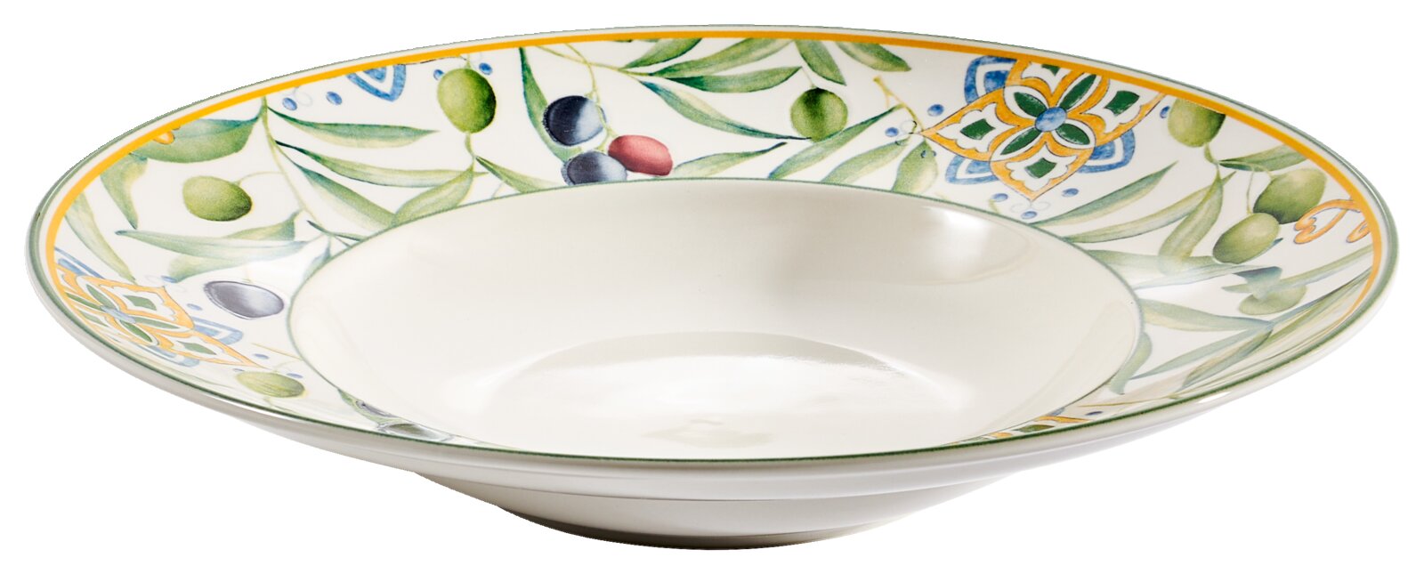 Pastabord met een kleurrijk patroon van olijven en bladeren, zijaanzicht