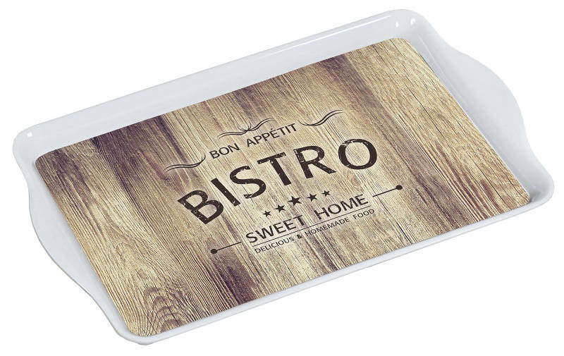 Serviertablett mit Bistro-Motiv, Holzoptik, von oben betrachtet