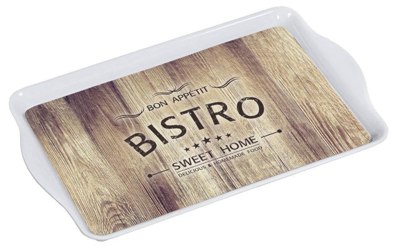 Serviertablett mit Bistro-Motiv, Holzoptik, von oben betrachtet