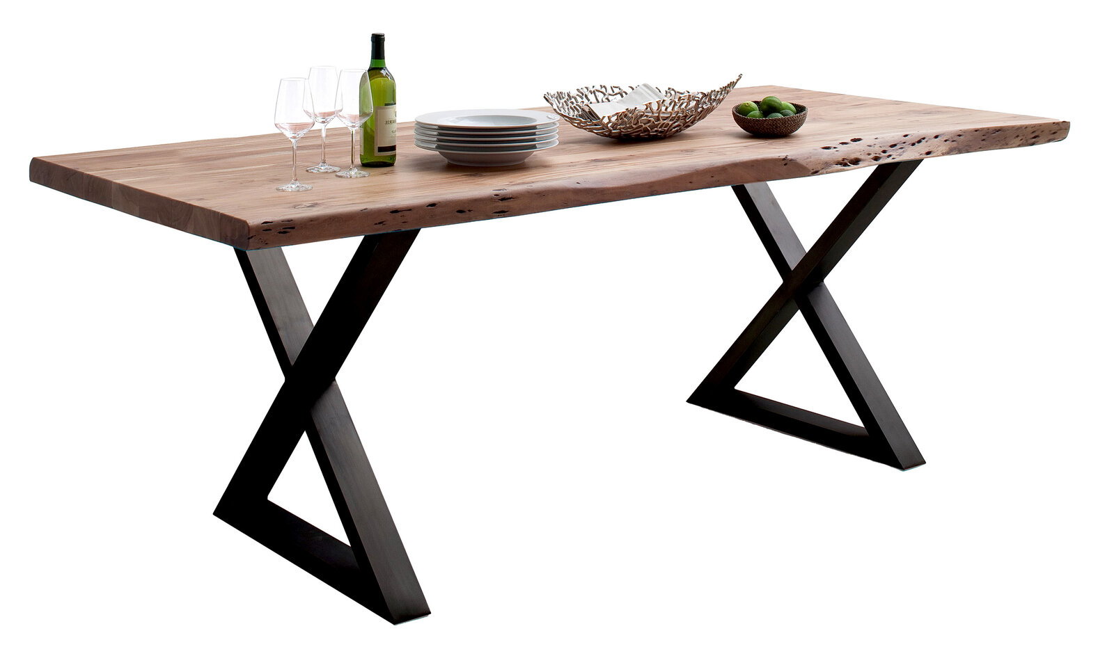 Moderner Esstisch aus Holz mit X-förmigen Metallbeinen, seitliche Perspektive
