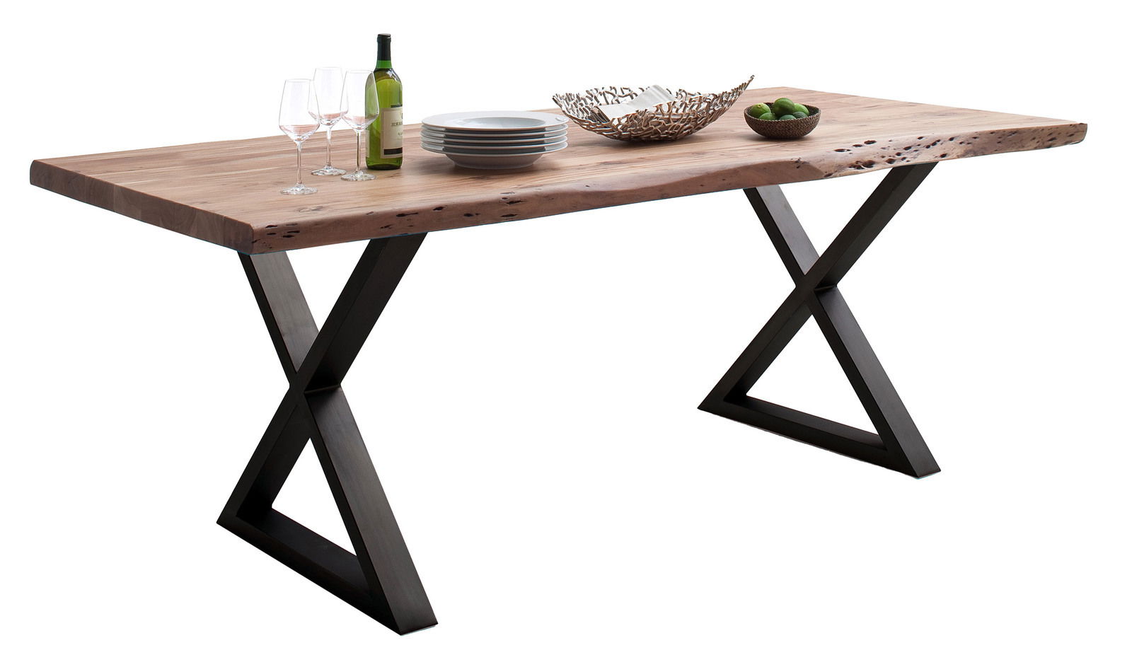 Moderner Esstisch aus Holz mit X-förmigen Metallbeinen, seitliche Perspektive