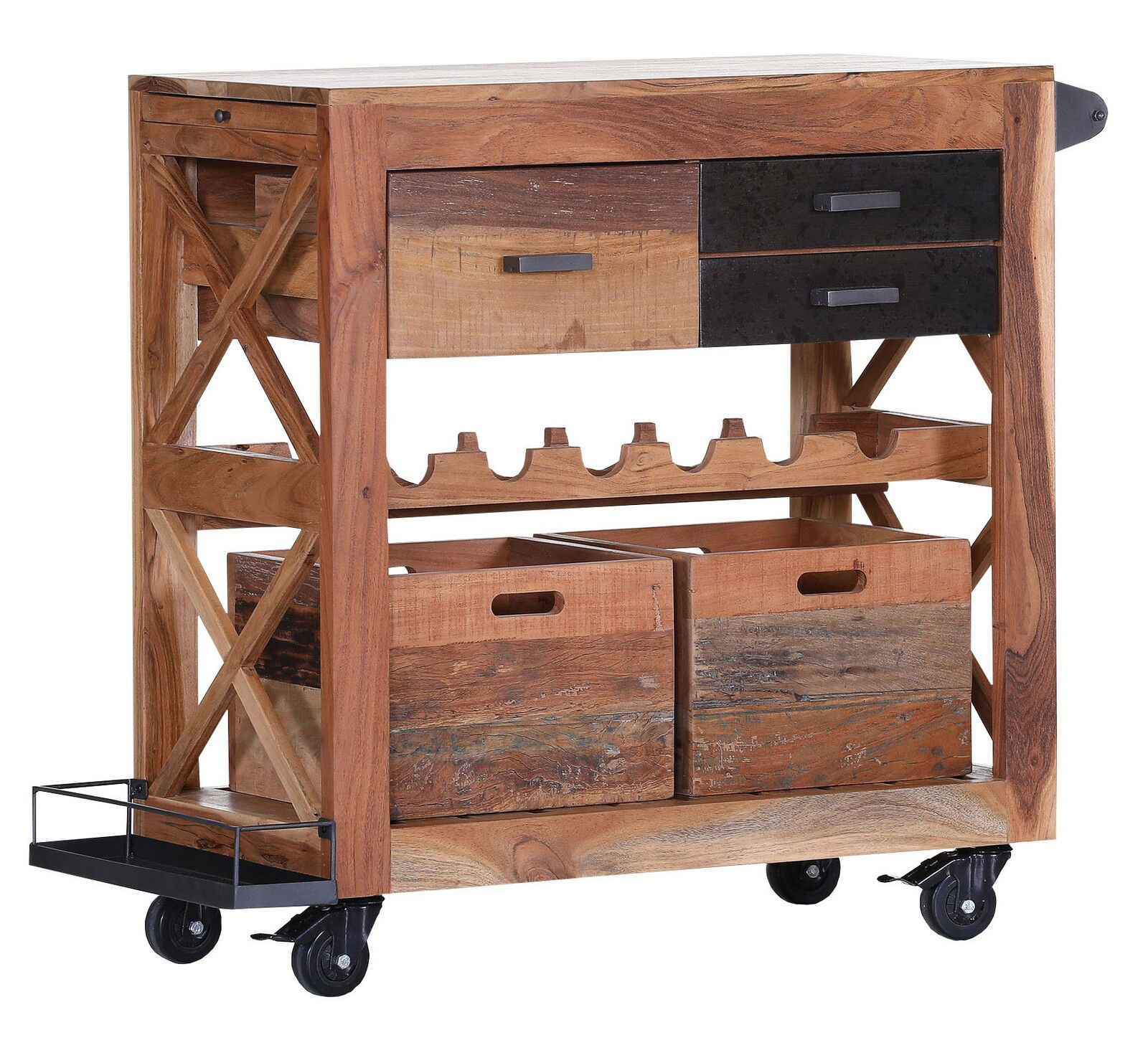 Rustikaler Servierwagen aus Holz mit Schubladen, Weinregal und Rollen, seitliche Perspektive