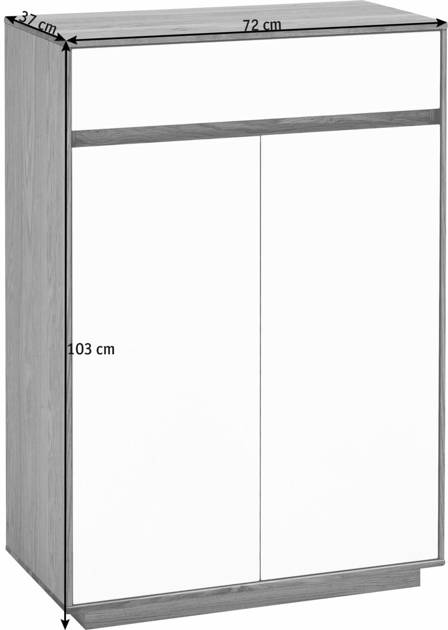 Schuhschrank in Holzoptik mit weißen Fronten, Maße 72 cm Breite, 103 cm Höhe, 37 cm Tiefe, Frontalansicht