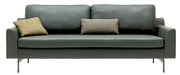 Frontale Ansicht eines modernen, grauen 4-Sitzer Sofas mit zwei dekorativen Kissen.