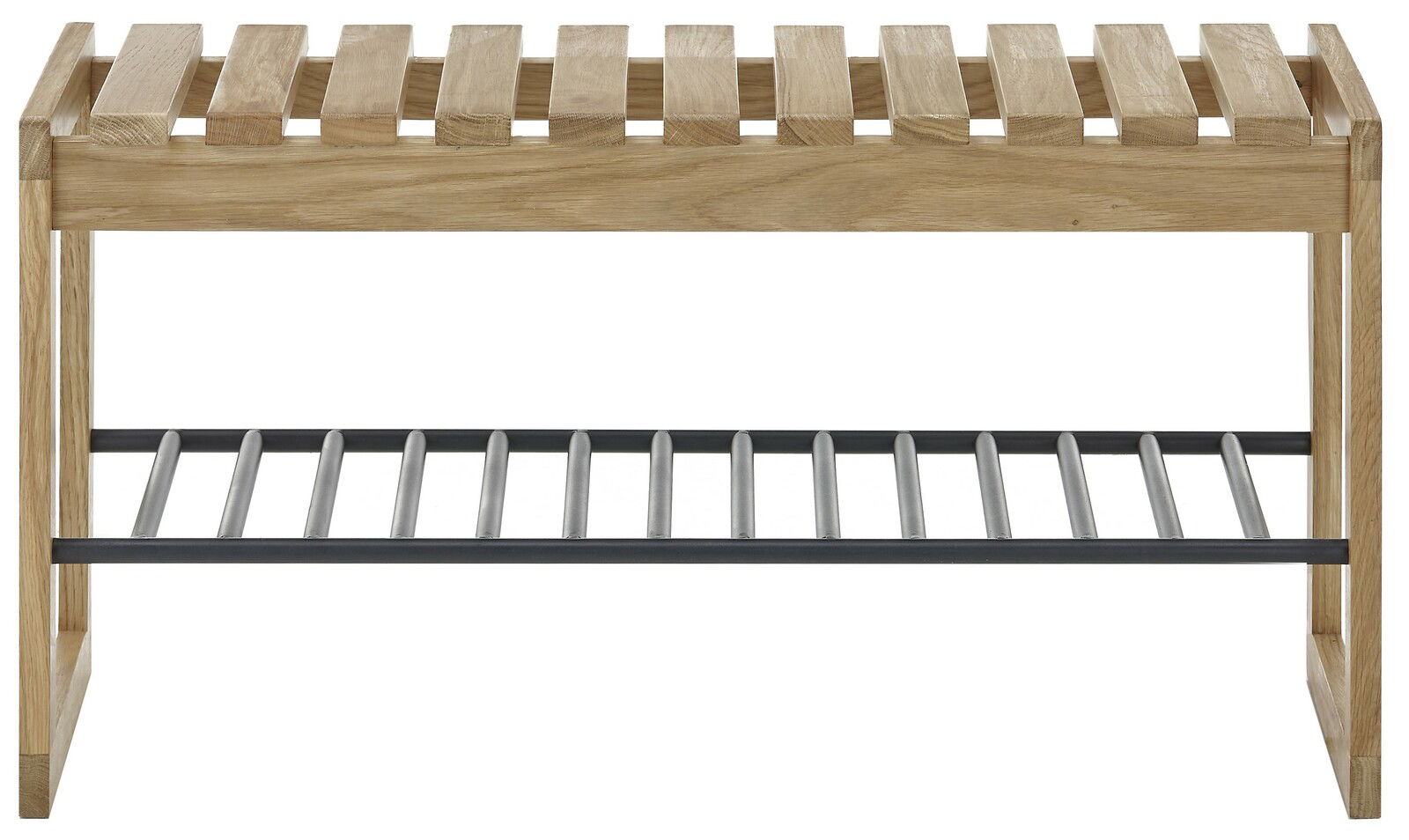 Garderobenbank aus Holz mit Metallablage, Frontalansicht