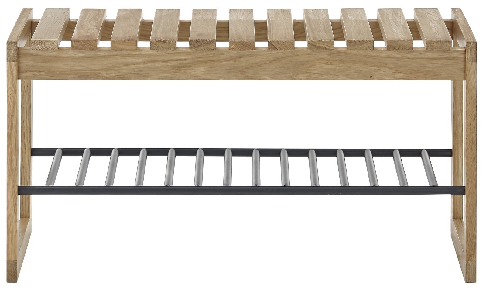 Garderobenbank aus Holz mit Metallablage, Frontalansicht