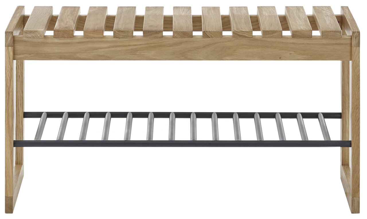 Garderobenbank aus Holz mit Metallablage, Frontalansicht