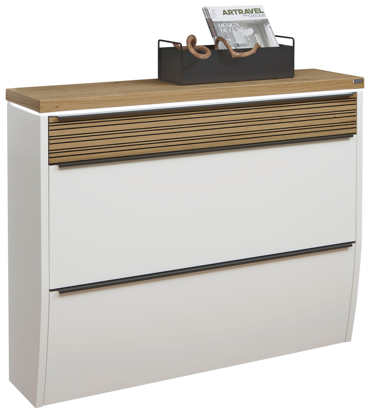 Moderner XL-Hängeschuhschrank mit LED-Beleuchtung, weiße Front mit Holzdetails, seitliche Perspektive