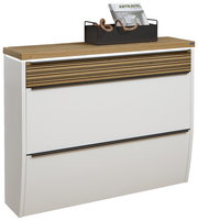 Moderner XL-Hängeschuhschrank mit LED-Beleuchtung, weiße Front mit Holzdetails, seitliche Perspektive