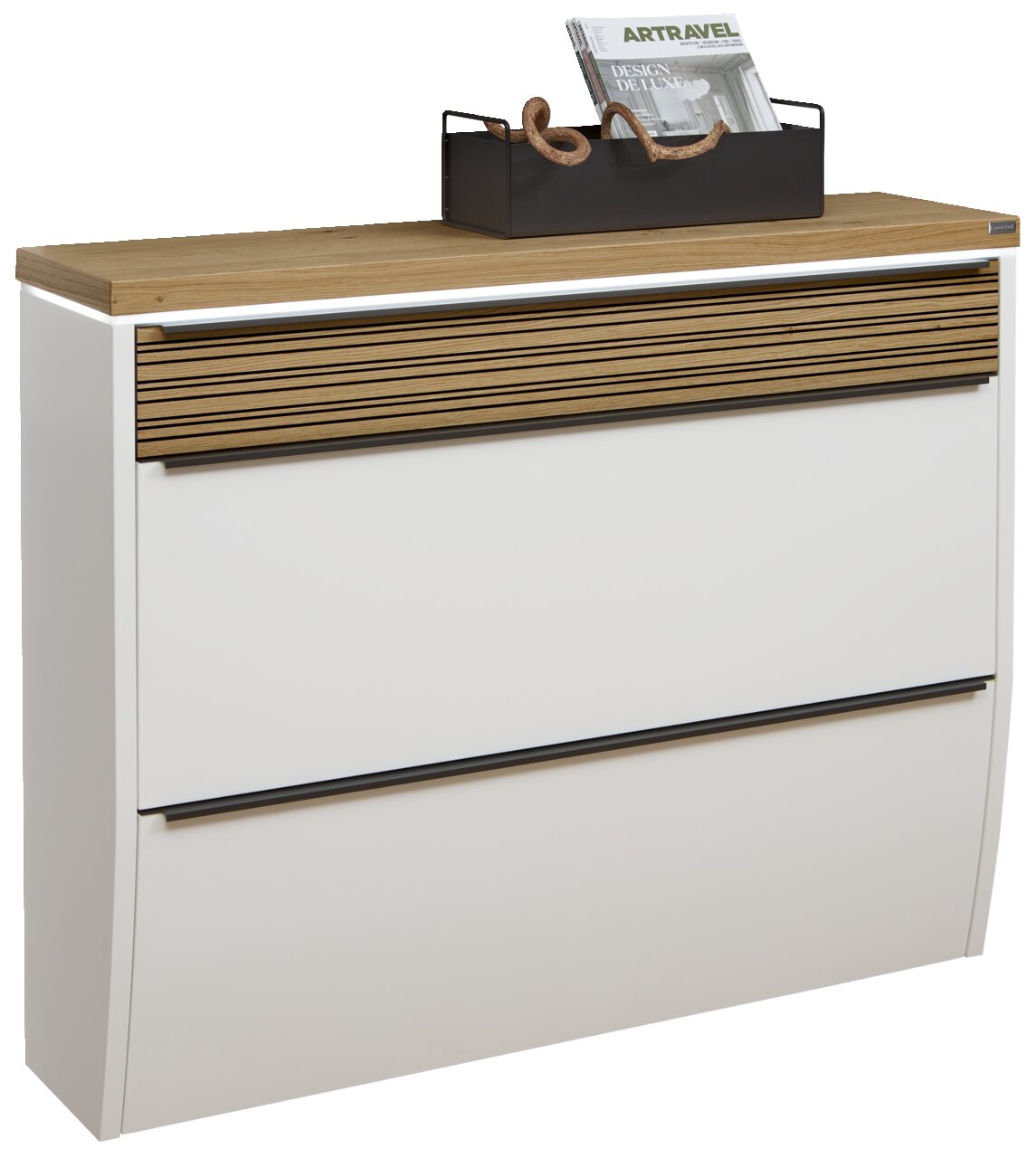 Dieter Knoll XL-Hängeschuhschrank LED ARCO NOVA Moderner XL-Hängeschuhschrank mit LED-Beleuchtung, weiße Front mit Holzdetails, seitliche Perspektive