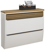 Moderner XL-Hängeschuhschrank mit LED-Beleuchtung, weiße Front mit Holzdetails, seitliche Perspektive