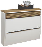 Moderner XL-Hängeschuhschrank mit LED-Beleuchtung, weiße Front mit Holzdetails, seitliche Perspektive