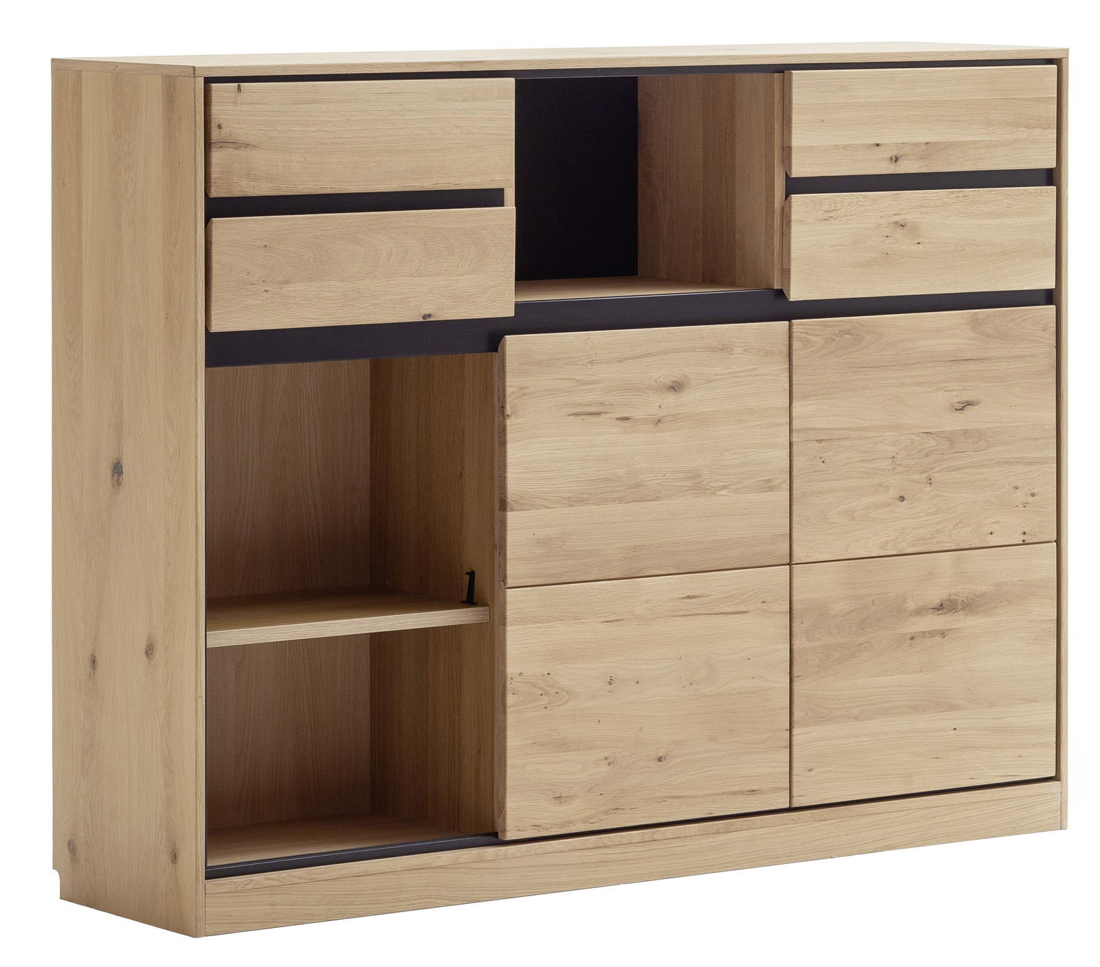 Bücherregal aus hellem Holz mit mehreren Fächern und Schubladen, seitliche Perspektive