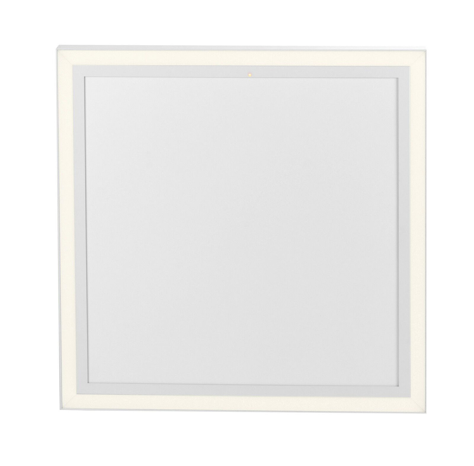 Quadratische Deckenleuchte mit IR-Heizung, frontal abgebildet, modernes Design in Weiß.