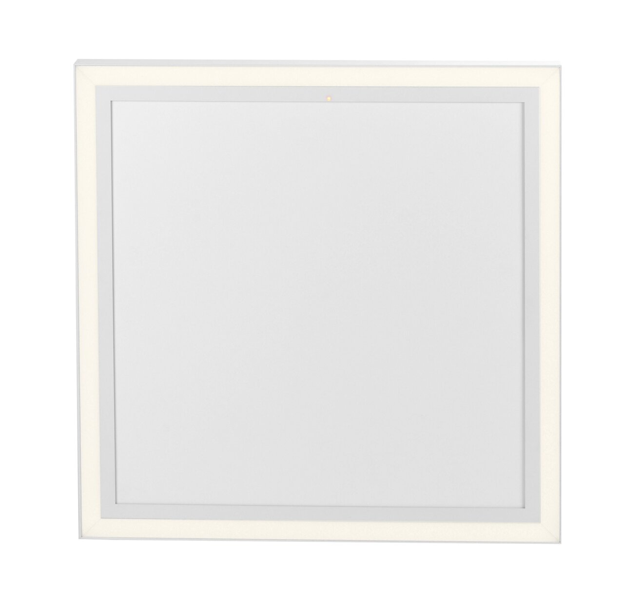 Quadratische Deckenleuchte mit IR-Heizung, frontal abgebildet, modernes Design in Weiß.