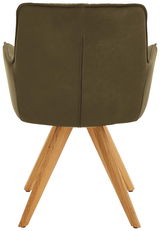 Rückansicht eines Design-Schalensessels mit olivgrünem Bezug und Holzbeinen.