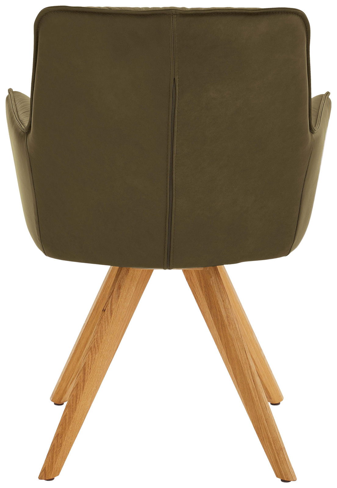 Dieter Knoll Design-Schalensessel PREMIO Rückansicht eines Design-Schalensessels mit olivgrünem Bezug und Holzbeinen.