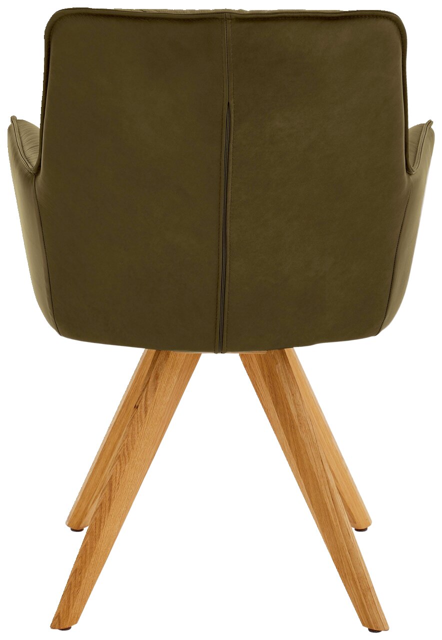 Dieter Knoll Design-Schalensessel PREMIO Rückansicht eines Design-Schalensessels mit olivgrünem Bezug und Holzbeinen.