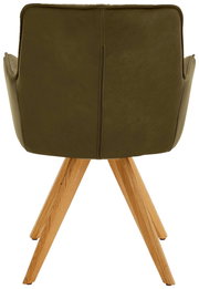 Rückansicht eines Design-Schalensessels mit olivgrünem Bezug und Holzbeinen.