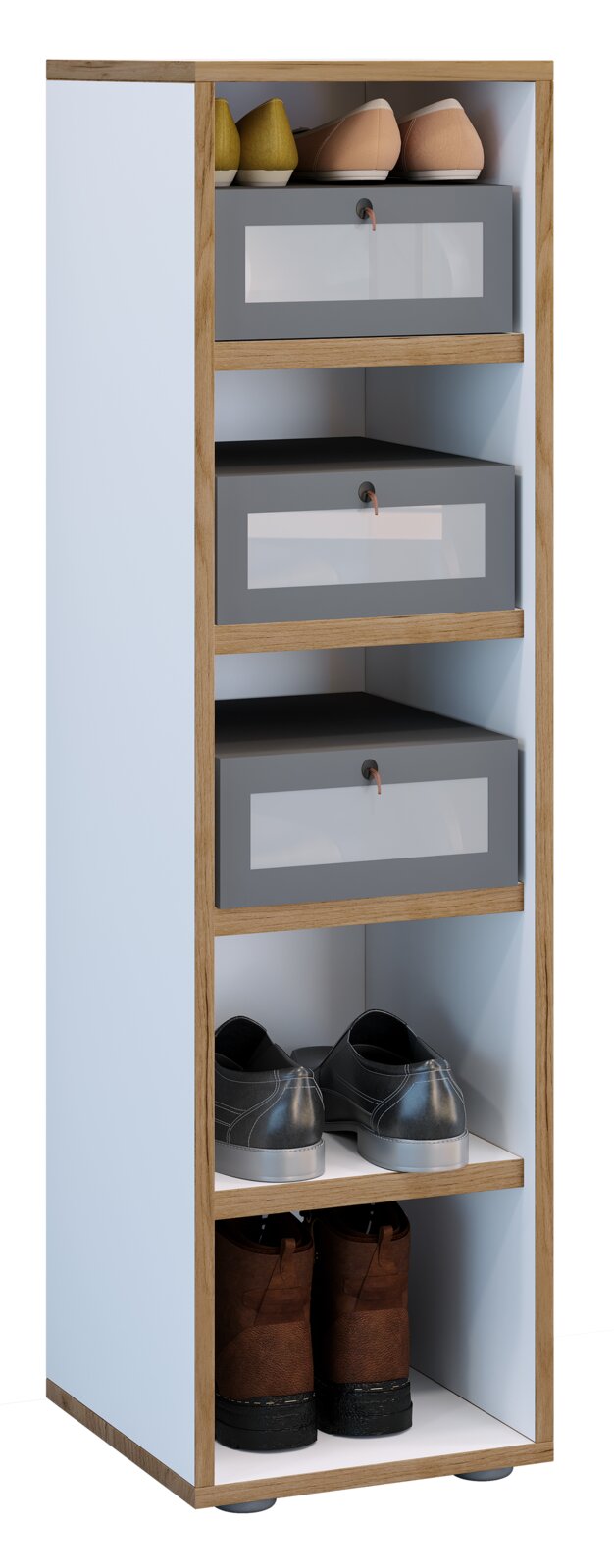 Schmaler Schuhschrank mit Holzrahmen und hellblauen Seiten, drei grauen Schubladen mit Sichtfenster und Lederlasche sowie offenen Fächern mit Schuhen, frontal in leichter Perspektive von vorn dargestellt.