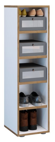 Schmaler Schuhschrank mit Holzrahmen und hellblauen Seiten, drei grauen Schubladen mit Sichtfenster und Lederlasche sowie offenen Fächern mit Schuhen, frontal in leichter Perspektive von vorn dargestellt.