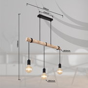 Hängeleuchte mit drei Glühbirnen, hängend an einem Holzstab, seitliche Perspektive