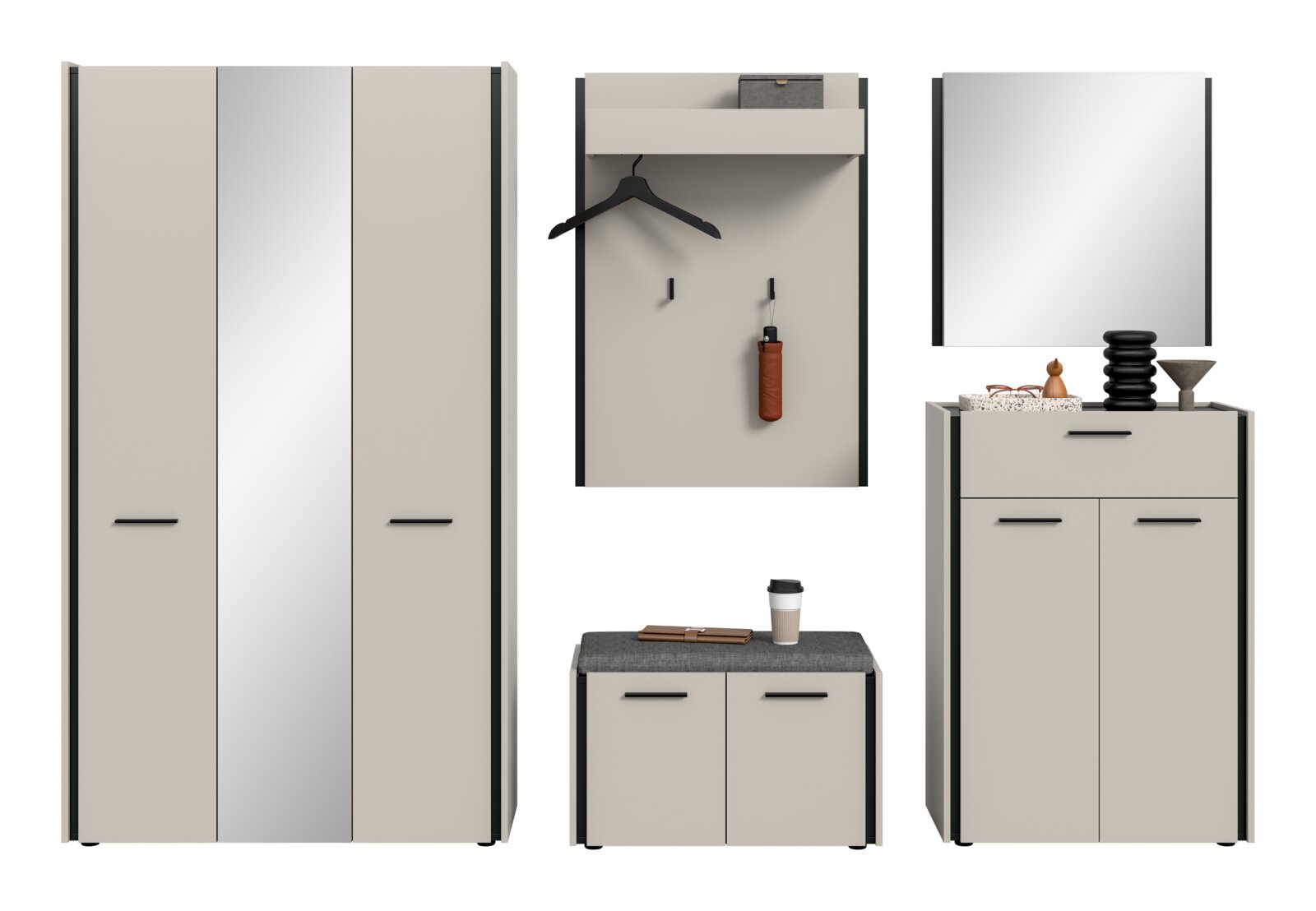 Modernes Flurmöbel-Set in Beige und Grau mit schwarzen Griffen: hoher Garderobenschrank, Wandpaneel mit Ablage und Haken, Schuhbank mit Polster sowie Kommode mit Spiegel, frontal aus der Vorderansicht gezeigt.