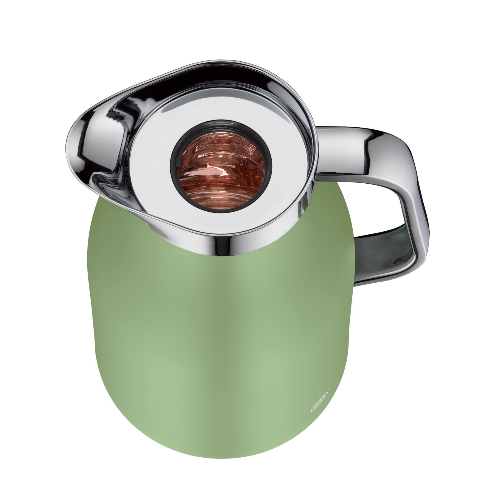 Grüne Isolierkanne mit glänzendem Deckel und Griff, von oben betrachtet.