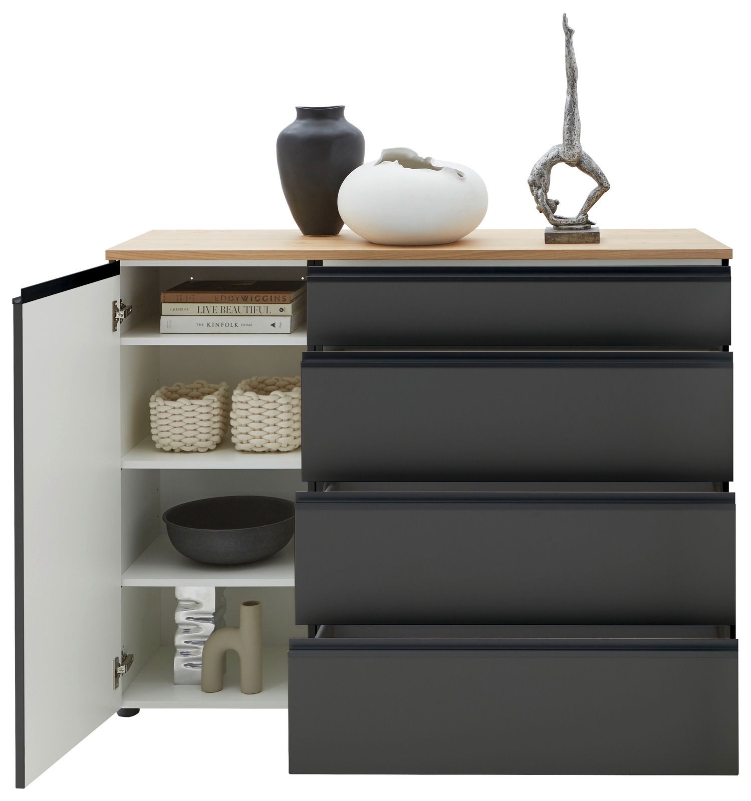 Kombi-Kommode 135 mit geöffneter Tür und Schubladen, dekoriert mit Vasen und Skulptur, Frontalansicht