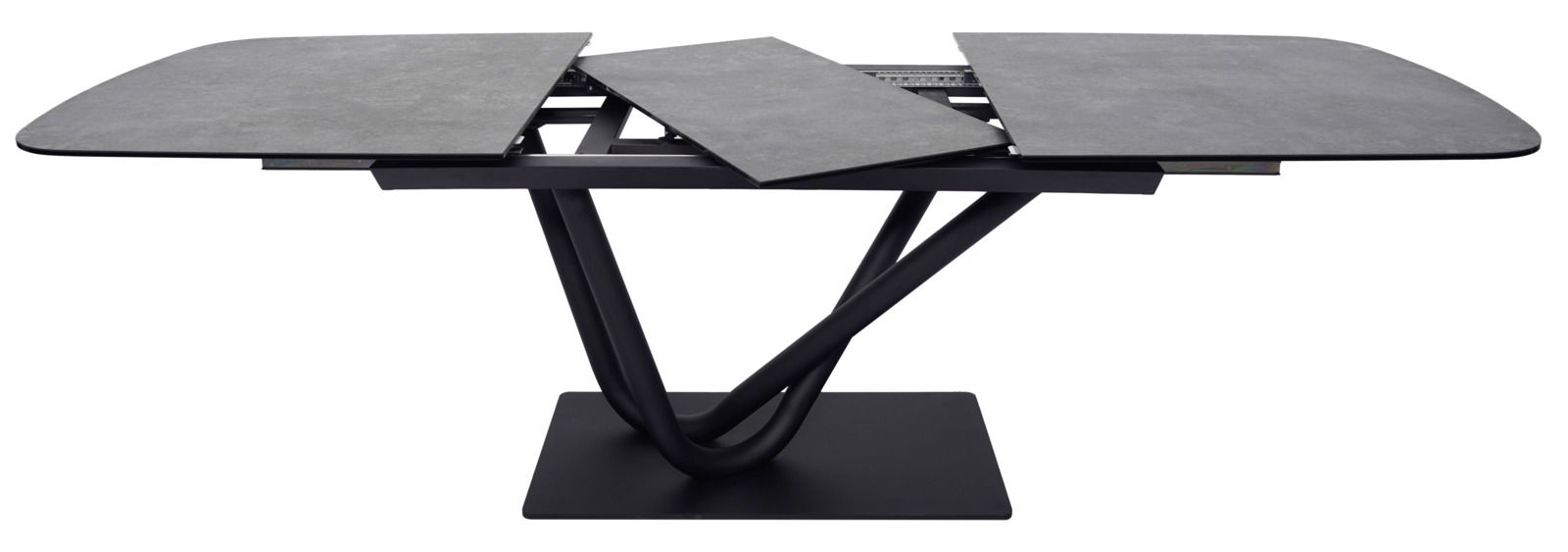 Moderner Esstisch mit ausziehbarer Tischplatte und elegantem, geschwungenem Untergestell, seitliche Perspektive