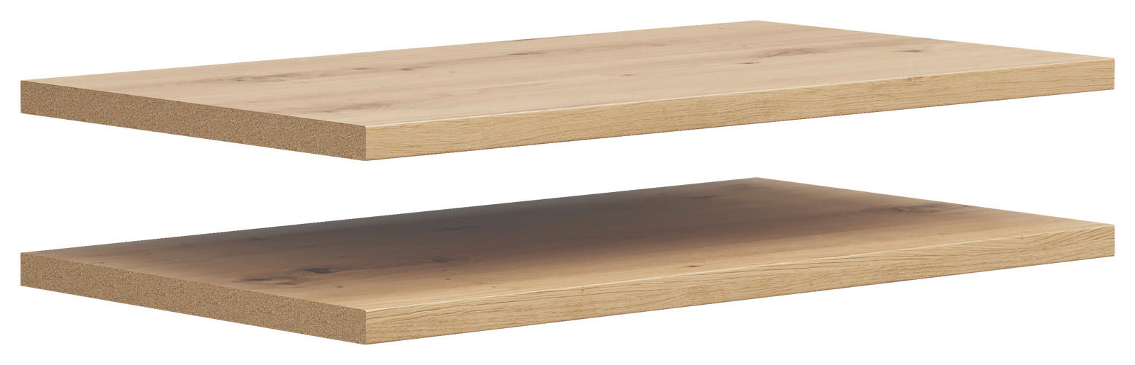 Zwei hölzerne Einlegeböden in natürlicher Holzoptik, von der Seite betrachtet.