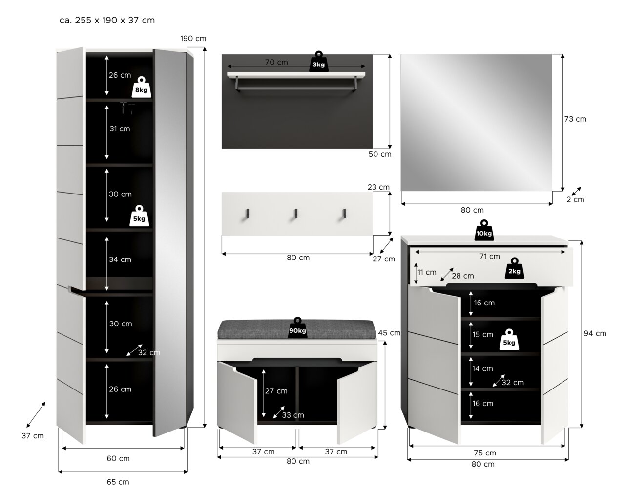 Maßgrafik eines weißen Flurmöbel-Sets (Garderobe): hoher Schrank, Schuhschrank/Kommode mit Sitzbank, Spiegel, Wandpaneel und Hutablage, jeweils mit cm-Abmessungen und Traglastangaben, Ansicht frontal und teilweise seitlich.