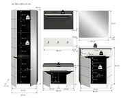 Maßgrafik eines weißen Flurmöbel-Sets (Garderobe): hoher Schrank, Schuhschrank/Kommode mit Sitzbank, Spiegel, Wandpaneel und Hutablage, jeweils mit cm-Abmessungen und Traglastangaben, Ansicht frontal und teilweise seitlich.