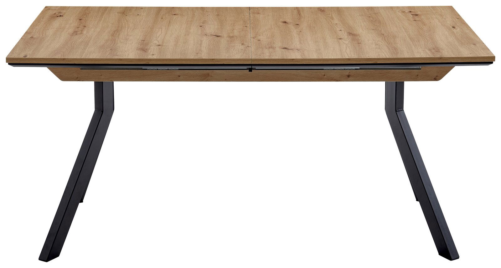 Moderner Vierfußtisch aus Holz mit schwarzem Metallgestell, Frontalansicht