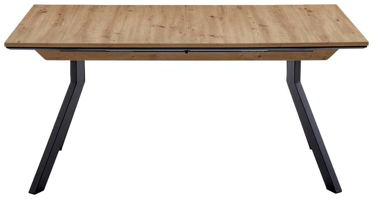Moderner Vierfußtisch aus Holz mit schwarzem Metallgestell, Frontalansicht