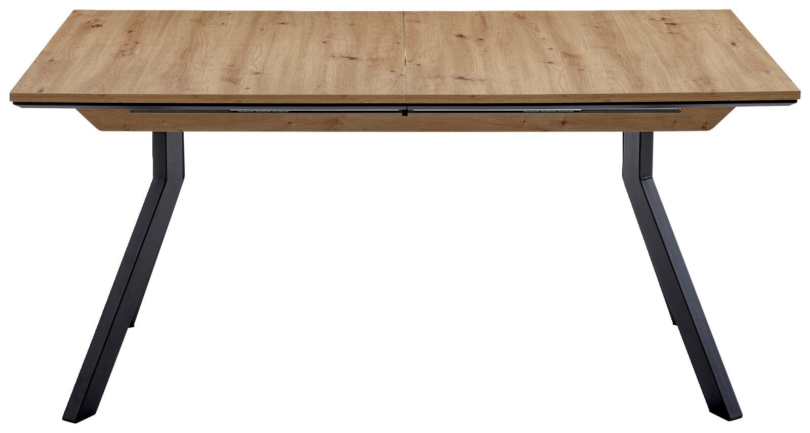 Moderne houten tafel met vier poten en een zwart metalen onderstel, vooraanzicht