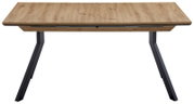 Moderne houten tafel met vier poten en een zwart metalen onderstel, vooraanzicht
