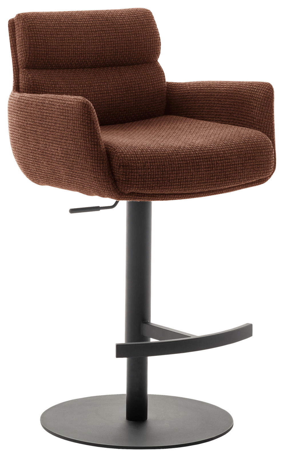 Dieter Knoll Barstuhl mit Armlehnen LEXINGTON Moderner Barstuhl mit Armlehnen in braunem Stoffbezug, seitliche Perspektive
