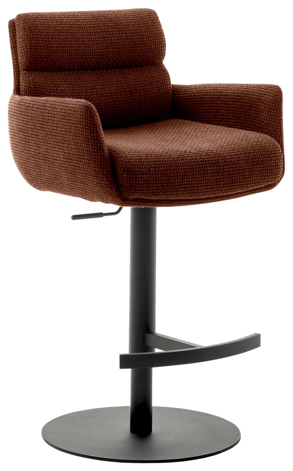 Dieter Knoll Barstuhl mit Armlehnen LEXINGTON Moderner Barstuhl mit Armlehnen in braunem Stoffbezug, seitliche Perspektive