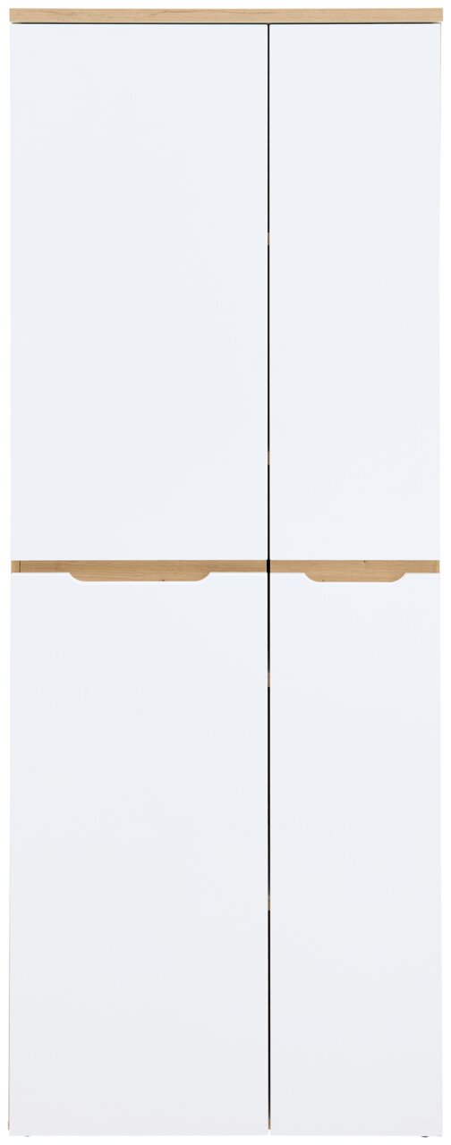 Moderner weißer Aktenschrank mit Holzdetails, Frontalansicht