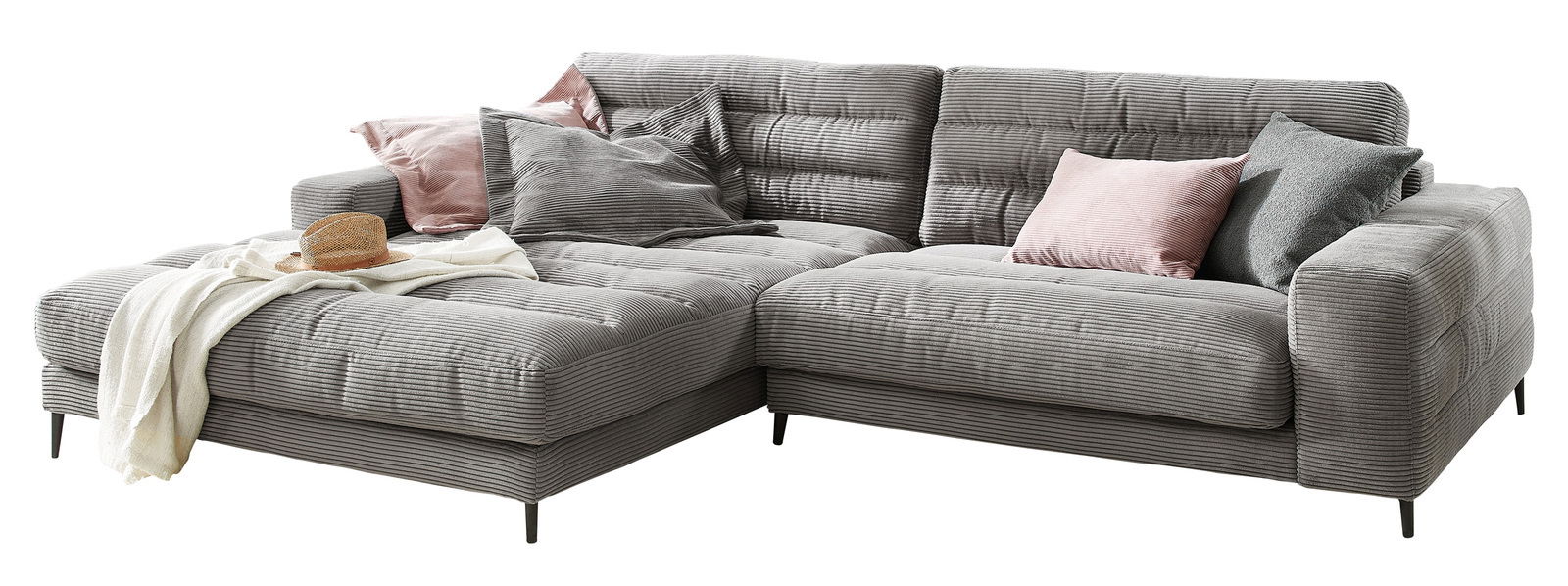 Graue Longchairkombination mit mehreren Kissen in verschiedenen Farben, aus der Perspektive von vorne links fotografiert.